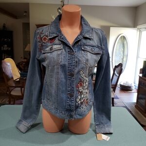 Mudd Denim Jacket with Red and White Embroidery